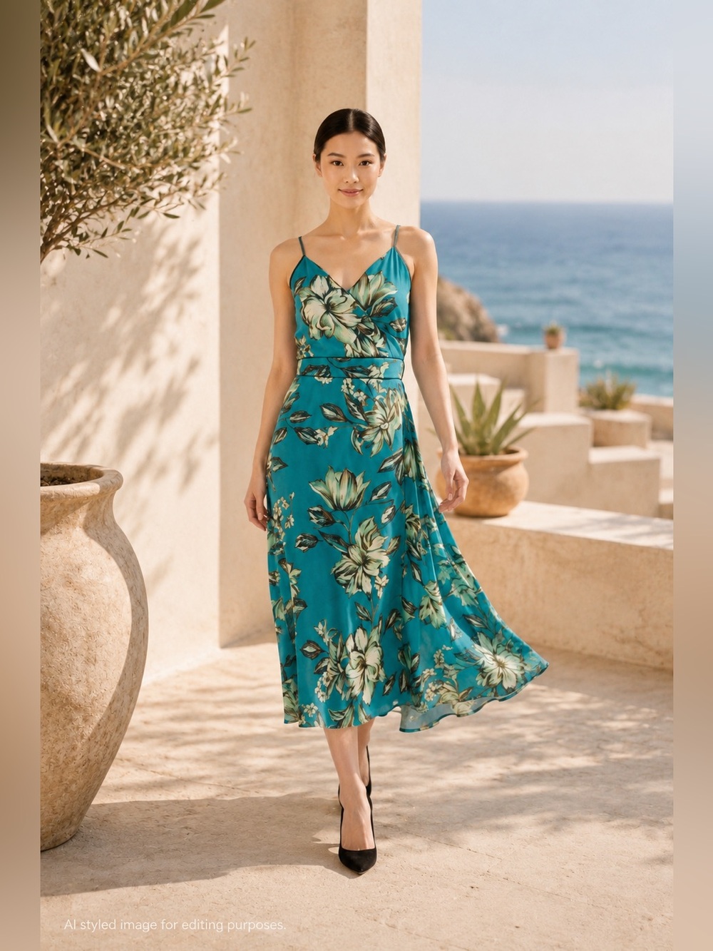 Band of the Free Floral Midi Wrap Dress L Blue Teal Coastal Resort Sundress